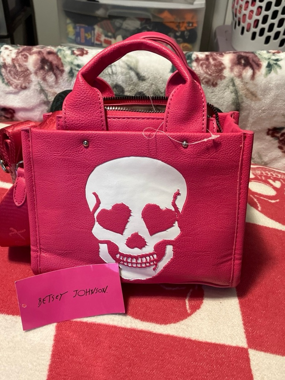 Betsey Johnson Hot Pink Mini Tote with White Skull - Picture 1 of 2